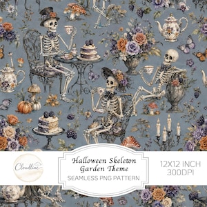 May include: A seamless digital pattern featuring skeletons in a garden setting with tea sets, cakes, flowers, butterflies, and mushrooms on a blue background. The text reads Halloween Skeleton Garden Theme, 12x12 inch, 300dpi, Seamless PNG Pattern.