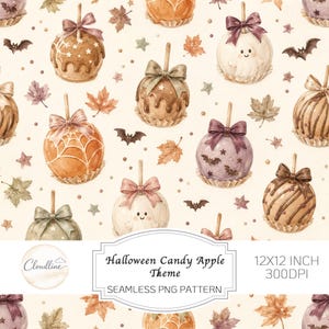 Puede incluir: Un patrón digital sin costuras con ilustraciones en acuarela de manzanas de caramelo con lazos, hojas de otoño, estrellas pequeñas y murciélagos sobre fondo crema. Texto: Cloudline, Halloween Candy Apple Theme, 12X12 INCH 300DPI, SEAMLESS PNG PATTERN.