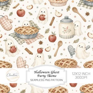 Könnte beinhalten: Ein nahtloses Muster mit weißen Geistern, roten Äpfeln, Gitterkuchen, Holzlöffeln, Zimtstangen und karierten Ofenhandschuhen auf cremefarbenem Grund. Text: Cloudline, Halloween Ghost Party Theme, 12X12 INCH 300DPI.