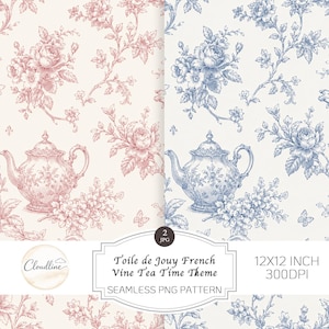 May include: Seamless PNG pattern featuring a toile de Jouy design with teapots and floral vines in pink and blue on a cream background. The pattern includes the text "Toile de Jouy French Vine Tea Time Theme". The image is 12x12 inches at 300 DPI.