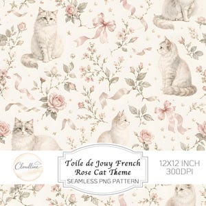 Vintage fransk katt Toile de Jouy sömlöst mönster, upprepande katt digitalt papper (direkt nedladdning)