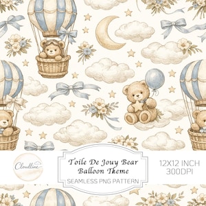 Può includere: Un motivo senza cuciture con orsetti in mongolfiera, nuvole, fiocchi, stelle e accenti floreali in morbide tonalità blu, beige e marrone. Il testo recita "Toile De Jouy Bear Balloon Theme".