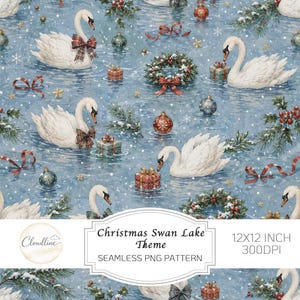 May include: A seamless digital pattern featuring white swans on a blue water background, decorated with plaid bows, Christmas wreaths, gift boxes, ornaments, pine branches, and gold stars. The text reads Christmas Swan Lake Theme 12X12 INCH 300DPI.