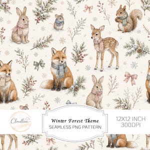 Op de afbeelding: Een naadloos patroon met aquarelillustraties van bosdieren, waaronder een konijn, muis, eekhoorn, hert en vos met sjaals, afgewisseld met dennentakken, bessen, sneeuwvlokken en strikken op een crèmekleurige achtergrond.