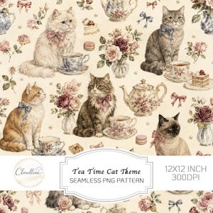 Può includere: Un motivo digitale senza cuciture con vari gatti, bouquet di fiori, teiere, tazze da tè e pasticcini su sfondo color crema. L'immagine include il testo Cloudline, Tea Time Cat Theme, SEAMLESS PNG PATTERN e 12X12 INCH 300DPI.