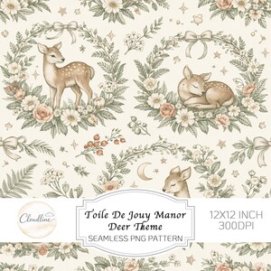 May include: A seamless PNG pattern featuring deer, flowers, and botanical elements. The design includes deer in various poses, surrounded by floral wreaths with bows, stars, and a crescent moon. The text reads "Toile De Jouy Manor Deer Theme".