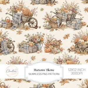 May include: A seamless pattern featuring illustrations of wooden wheelbarrows, woven baskets, and wooden crates filled with pumpkins, dried flowers, and autumn leaves, accented with blue plaid fabric on a cream background with text Autumn Theme.
