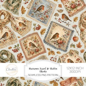 Op de afbeelding: Een naadloos digitaal patroon met illustraties van roodborstjes, sjaals met franjes, herfstbladeren, rode bessen, paddenstoelen en appels op een lichte achtergrond. De tekst luidt Autumn Scarf & Robin Theme, 12x12 inch, 300dpi en Cloudline.