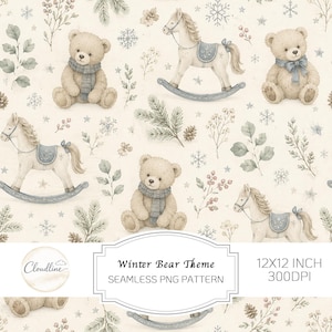 Puede incluir: Un patrón digital sin costuras con osos de peluche beige con bufandas azules, caballos mecedores con sillas azules, copos de nieve, ramas de pino y piñas sobre un fondo crema. Texto: Cloudline, Winter Bear Theme, 12X12 INCH 300DPI.