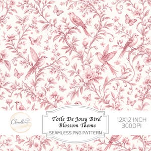 May include: A seamless pattern featuring a toile de jouy design with birds, butterflies, and floral elements in a soft red hue on a white background. The design includes the text "Toile De Jouy Bird Blossom Theme" and is 12x12 inches.