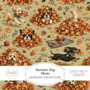 May include: A seamless digital pattern featuring various dog breeds playing in piles of orange and yellow autumn leaves, accented with red apples, acorns, and berries on a light green background. The text reads Autumn Dog Theme 12X12 INCH 300DPI.
