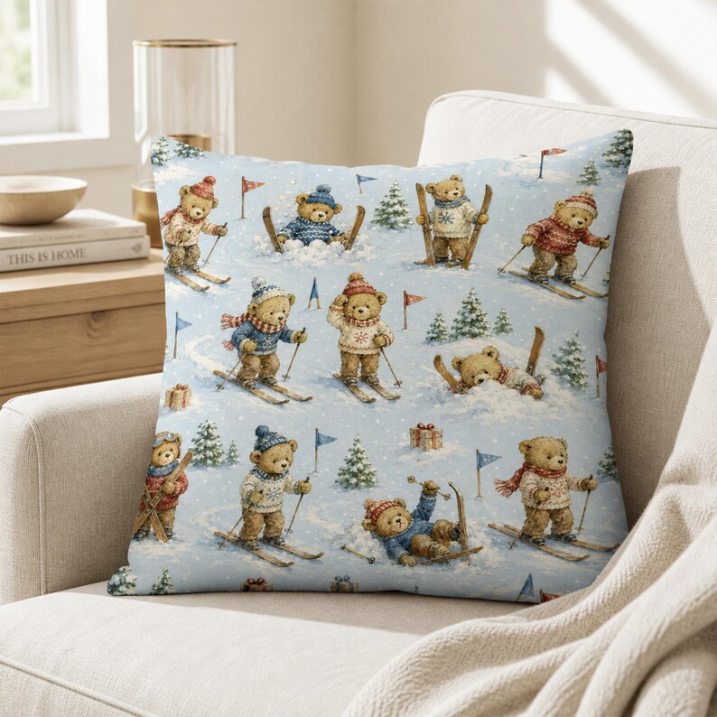 May include: A square throw pillow featuring a light blue background with a repeating pattern of teddy bears skiing and playing in the snow. The bears wear colorful knit sweaters, hats, and scarves, with small pine trees and flags scattered throughout.