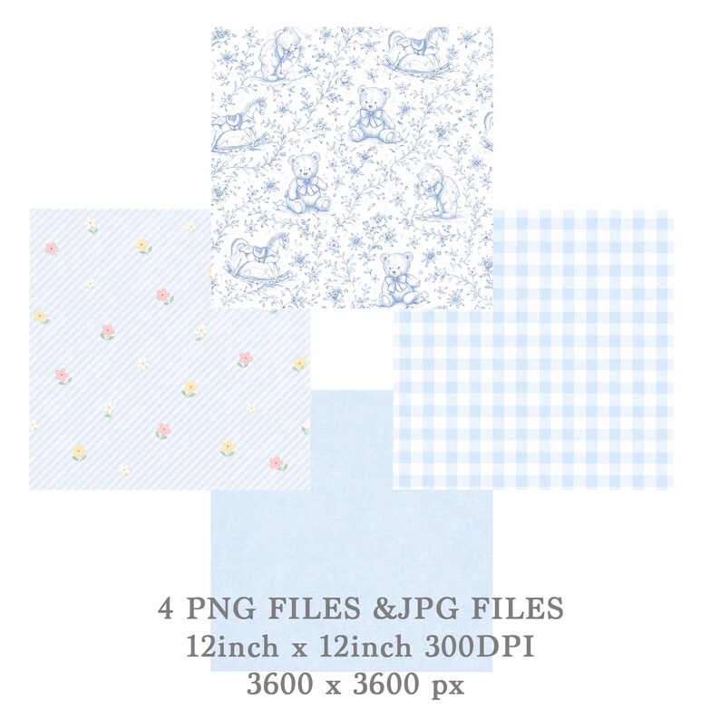 Blue Teddy Bear Toile Seamless Pattern, Gingham Nursery Digital Paper ...