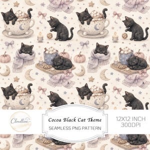 Könnte beinhalten: Ein nahtloses Muster mit schwarzen Katzen, Kakaotassen mit Marshmallows, Kürbissen, Kerzen und Sternen auf cremefarbenem Grund. Text: Cloudline, Cocoa Black Cat Theme, SEAMLESS PNG PATTERN, 12X12 INCH, 300DPI.