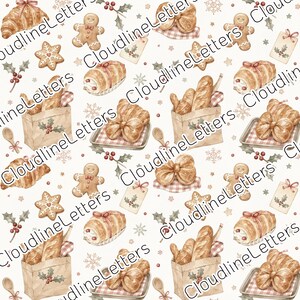 May include: A repeating pattern featuring watercolor illustrations of gingerbread men, croissants, baguettes in paper bags, star-shaped cookies, and pastries with bows, accented by holly berries and snowflakes on a light cream background.