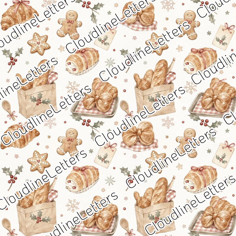 May include: A repeating pattern featuring watercolor illustrations of gingerbread men, croissants, baguettes in paper bags, star-shaped cookies, and pastries with bows, accented by holly berries and snowflakes on a light cream background.