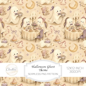 Könnte beinhalten: Ein nahtloses digitales Muster mit niedlichen Geistern bei Teepartys mit Kuchen, Teetassen und Mondsicheln auf beigem Hintergrund. Das Bild enthält den Text Halloween Ghost Theme, 12x12 inch, 300dpi und das Cloudline-Markenlogo.