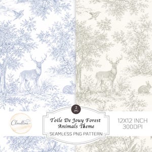 Toile De Jouy Forest Animals Seamless Pattern, Blue Vintage Digital Paper (Download)