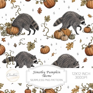 May include: A seamless pattern featuring illustrations of grey raccoons and orange pumpkins on a white background. The design includes oak leaves, vines, and small star shapes. Text reads: Jimothy Pumpkin Theme 12X12 INCH 300DPI.