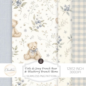 May include: A digital paper set with a "Toile de Jouy French Bear & Blueberry Branch Theme." The design features teddy bears, blueberry branches, and floral elements in soft beige, blue, and green tones. The set includes a gingham pattern and is 30.48cm x 30.48cm.