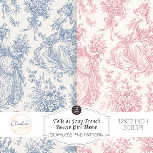 May include: Seamless PNG pattern featuring a Rococo girl theme in blue and pink. The design includes illustrations of women in period dresses holding bouquets, with floral and bow accents. The pattern is 12x12 inches.