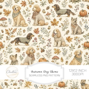 Könnte beinhalten: Ein nahtloses digitales Muster mit verschiedenen Hunderassen wie Golden Retrievern, Pudeln und Dackeln in Pullovern und Schals, durchsetzt mit Herbstblättern, Kürbissen und Pilzen. Der Text lautet Autumn Dog Theme 30,48x30,48 cm 300DPI.