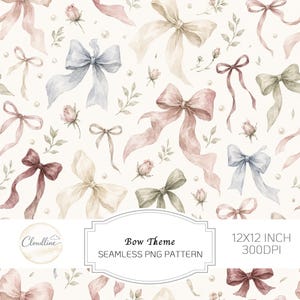May include: A seamless digital pattern featuring watercolor bows in shades of dusty pink, sage green, slate blue, and cream, interspersed with small rosebuds and white pearls on a cream background. Text reads: Cloudline Bow Theme 12X12 INCH 300DPI.
