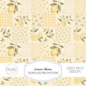 Può includere: Un motivo digitale senza cuciture con limoni gialli, foglie verdi e fiori bianchi disposti in una griglia con motivi a quadretti e floreali. Il testo recita Cloudline, Lemon Theme, SEAMLESS PNG PATTERN, 12X12 INCH 300DPI.