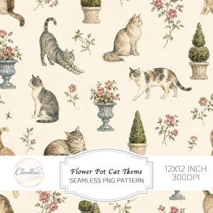 Könnte beinhalten: Ein nahtloses Muster mit verschiedenen Katzen, Topfrosen und Formschnittbäumen auf cremefarbenem Grund. Der Text lautet Cloudline, Flower Pot Cat Theme, SEAMLESS PNG PATTERN, 12X12 INCH, 300DPI. Die Katzen sind in verschiedenen Posen dargestellt.