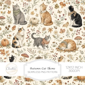 Könnte beinhalten: Ein nahtloses digitales Muster mit verschiedenen Katzen, die Schals und Halsbänder tragen, durchsetzt mit Herbstblättern, Kürbissen, Pilzen und Schmetterlingen auf cremefarbenem Grund. Text: Cloudline, Autumn Cat Theme, 12x12 INCH, 300DPI.