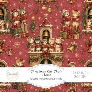 Può includere: Un motivo continuo con gattini che cantano in un coro, decorato con alberi di Natale, campane e regali su sfondo rosso. Il testo recita Christmas Cat Choir Theme, 12x12 inch, 300dpi, e Seamless PNG Pattern.