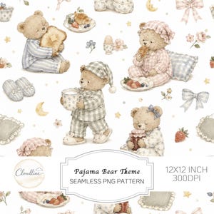 Puede incluir: Un patrón continuo con ilustraciones en acuarela de osos de peluche en pijama, desayunando y bebiendo leche. El diseño incluye pequeñas estrellas, lazos y fresas sobre un fondo blanco. Texto: Pajama Bear Theme 12X12 INCH 300DPI.