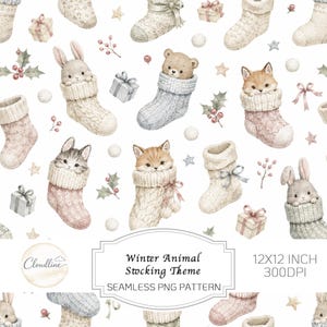 May include: A seamless digital pattern featuring watercolor illustrations of small animals like rabbits, kittens, a bear, and a fox tucked into knit stockings. The design includes gift boxes, holly berries, and stars. Text reads: Winter Animal Stocking Theme.