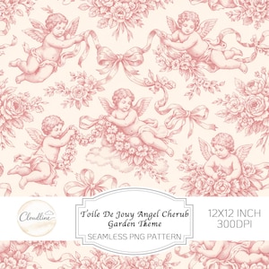 May include: A seamless pattern featuring cherubic angels, bows, and floral bouquets in a soft pink hue on a cream background. The design includes the text "Toile De Jouy Angel Cherub Garden Theme" and is 12x12 inches.