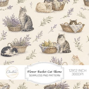 Può includere: Un motivo senza cuciture con illustrazioni di gatti, cesti intrecciati, rametti di lavanda e pere su sfondo color crema. Il testo recita: Cloudline, Flower Basket Cat Theme, SEAMLESS PNG PATTERN, 12X12 INCH, 300DPI. I gatti sono raffigurati in varie pose.