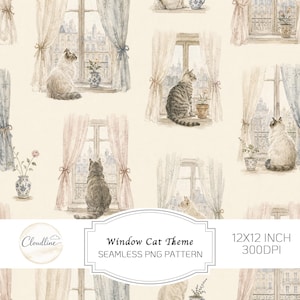 May include: A seamless digital pattern featuring watercolour illustrations of cats sitting on windowsills overlooking a city. The design includes various cat breeds, potted plants, and curtains. Text reads: Cloudline Window Cat Theme 12X12 INCH 300DPI.