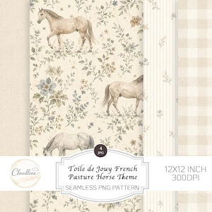 Puede incluir: Patrón PNG sin costuras con un diseño Toile de Jouy. El patrón presenta caballos y elementos florales en beige, azul y marrón. La imagen incluye tres caballos y varias flores. También incluye un patrón de rayas y cuadros.