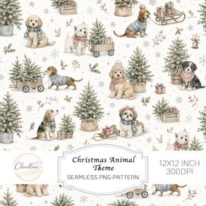May include: A seamless digital pattern featuring various dog breeds wearing winter scarves and hats, surrounded by decorated Christmas trees, wooden sleds, gift boxes, and snowflakes on a white background. Text reads Christmas Animal Theme.
