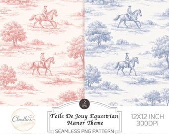 Toile De Jouy Equestrian Manor Pattern, Blue Pink Vintage Digital Paper (JPG PNG Download)