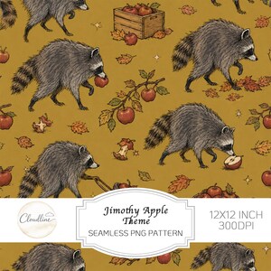 May include: A seamless digital pattern on a mustard yellow background featuring illustrated raccoons, red apples, wooden crates, and autumn leaves. The design includes text reading Jimothy Apple Theme, 12x12 inch, 300dpi, and Cloudline.