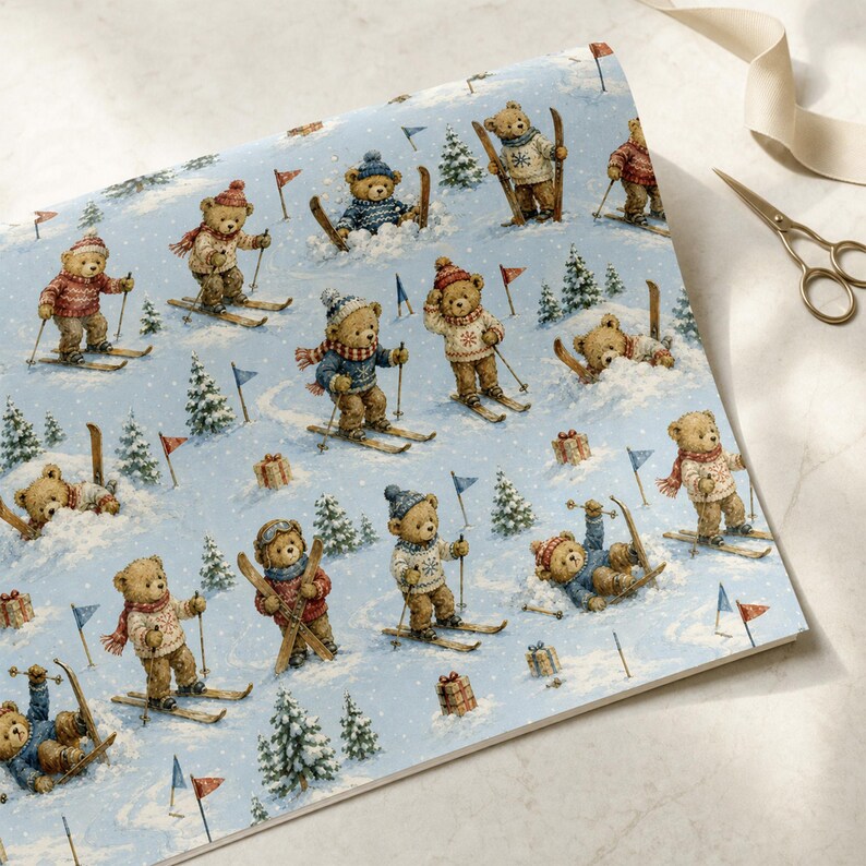 May include: A roll of light blue wrapping paper featuring a repeating pattern of brown teddy bears skiing and playing in the snow. The bears wear colorful knit sweaters, hats, and scarves, surrounded by small evergreen trees, gift boxes, and flags.