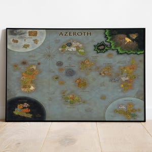 May include: A framed map of Azeroth, featuring detailed illustrations of various regions like Northrend, Pandaria, and the Eastern Kingdoms. The map is set against a blue-grey background with the word "Azeroth" at the top.