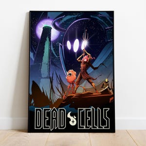 Puede incluir: Un póster enmarcado con una ilustración estilizada con un tema cósmico oscuro. La obra de arte muestra una figura sosteniendo un tridente, una criatura y el texto "DEAD CELLS" en negrita. La paleta de colores incluye azules, morados y naranjas.