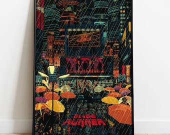 May include: A framed art print depicting a neon-lit cityscape in the rain. The artwork shows a futuristic urban scene with the text "OFF WORLD" and "BLADE RUNNER". Colourful umbrellas and silhouetted figures add depth to the scene.