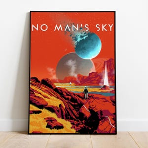 Könnte beinhalten: Gerahmtes Poster mit dem Text "NO MAN'S SKY". Das Kunstwerk zeigt einen Astronauten in einer lebendigen, außerirdischen Landschaft mit Wasserfall und Planeten. Die Farbgebung umfasst Orange, Rot und Blau.