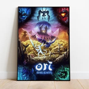 May include: A framed poster featuring artwork from "Ori and the Will of the Wisps." The image showcases a vibrant fantasy landscape with various creatures and characters. The title "Ori" is prominently displayed at the bottom, with a dark frame.