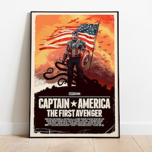 May include: A framed poster for "Captain America: The First Avenger." The artwork features Captain America standing on a rocky outcrop, holding a shield and the American flag. The background is an orange and red sky with silhouettes of planes.