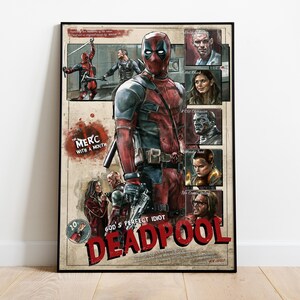 May include: A framed poster with a vintage aesthetic, showcasing the character Deadpool in a red and black suit. The poster includes the text "GOD'S PERFECT IDIOT" and "DEADPOOL". Other characters and text are also visible.