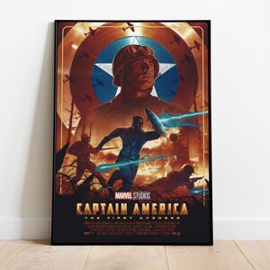 May include: A framed poster for Marvel Studios' "Captain America: The First Avenger." The artwork features a central image of Captain America, surrounded by a shield, fighter planes, and action scenes in shades of brown, blue, and orange.