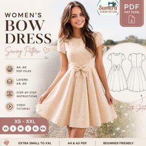 May include: A beige bow dress sewing pattern with a woman wearing the dress. The pattern includes sizes XS-XXL, A4 and AO PDF files, layers, step-by-step instructions, and a video tutorial. The dress features a bow at the waist and a flared skirt.